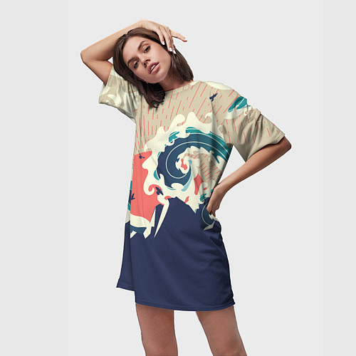 Женская длинная футболка Большая океанская волна и силуэт пустынного остров / 3D-принт – фото 3
