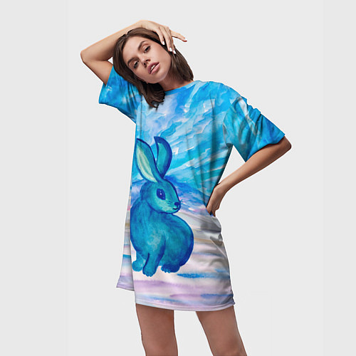 Женская длинная футболка Зимний пейзаж и зайка / 3D-принт – фото 3