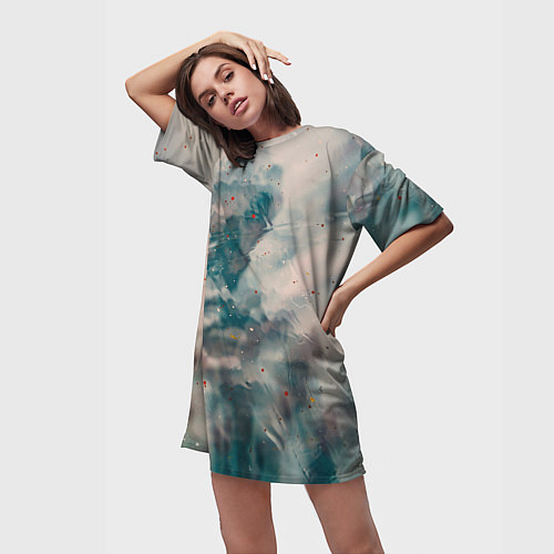 Женская длинная футболка Абстрактные синие и белые краски / 3D-принт – фото 3