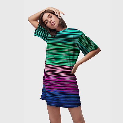 Женская длинная футболка Разноцветные неоновые шелковые нити / 3D-принт – фото 3