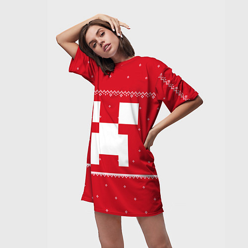 Женская длинная футболка Новогодний крипер - Майнкрафт / 3D-принт – фото 3