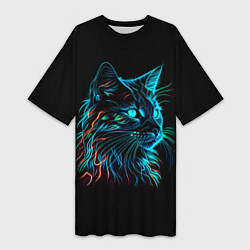 Футболка женская длинная Неоновый котик, цвет: 3D-принт