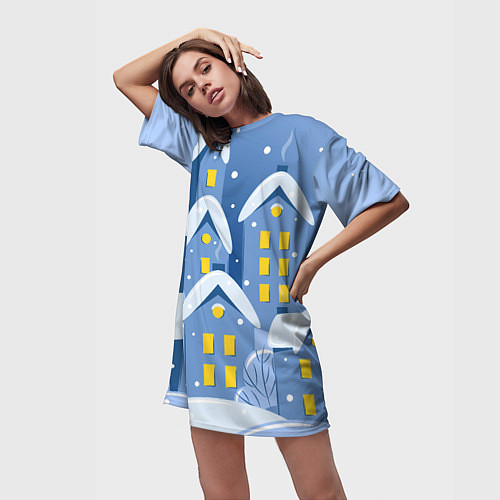 Женская длинная футболка Маленький новогодний городок / 3D-принт – фото 3