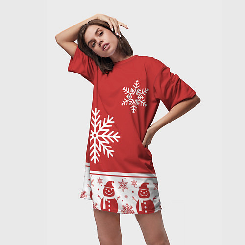 Женская длинная футболка Снеговики в снежинках / 3D-принт – фото 3