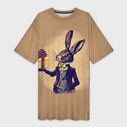 Футболка женская длинная Кролик в костюме с подарком, цвет: 3D-принт