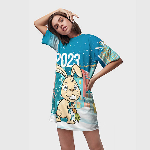 Женская длинная футболка Кролик у елочки / 3D-принт – фото 3