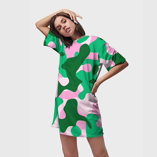 Женская длинная футболка Абстрактные зелёно-розовые пятна / 3D-принт – фото 3