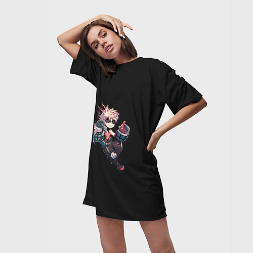 Женская длинная футболка Бакуго Кацуки - черный фон / 3D-принт – фото 3