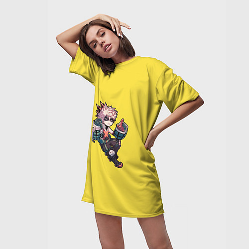 Женская длинная футболка Бакуго Кацуки - желтый фон / 3D-принт – фото 3