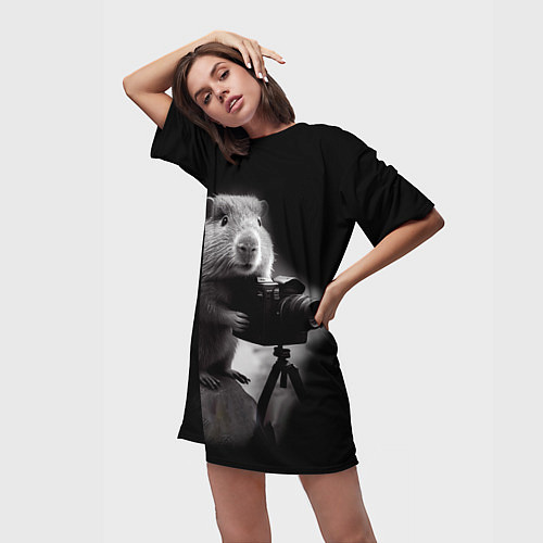 Женская длинная футболка Капибара фотограф / 3D-принт – фото 3