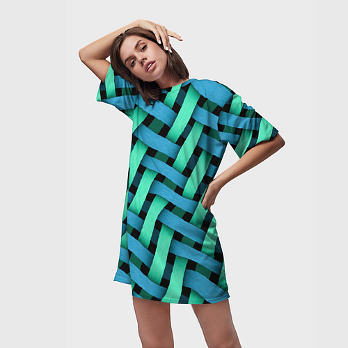 Женская длинная футболка Сине-зелёная плетёнка - оптическая иллюзия / 3D-принт – фото 3