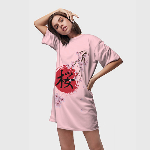 Женская длинная футболка Цветущая вишня с иероглифом cакура / 3D-принт – фото 3