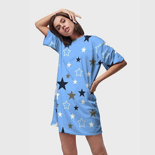 Женская длинная футболка Звёзды на голубом фоне / 3D-принт – фото 3