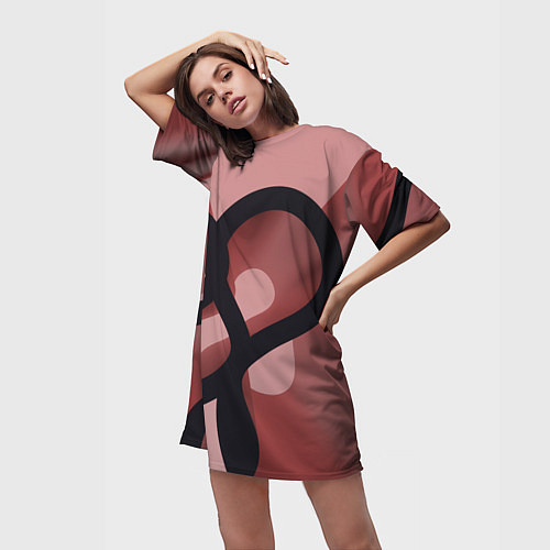 Женская длинная футболка Тёмные волнообразные линии на красном фоне / 3D-принт – фото 3