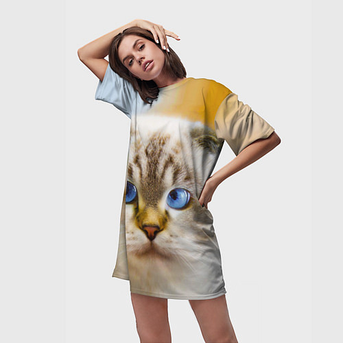Женская длинная футболка Кошка породы шотландская вислоухая косоглазая / 3D-принт – фото 3