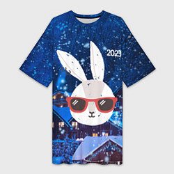 Футболка женская длинная Зайка в очках 2023, цвет: 3D-принт