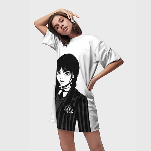 Женская длинная футболка Школьница Уэнсдей / 3D-принт – фото 3