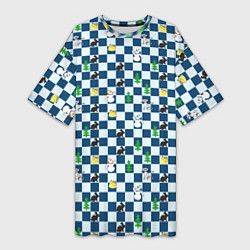 Футболка женская длинная Новогодний шахматный принт с кроликами и елками, цвет: 3D-принт