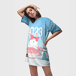 Футболка женская длинная Новый год зайчик в кружке, цвет: 3D-принт — фото 2