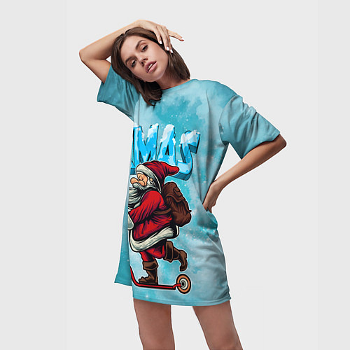 Женская длинная футболка Санта с мешком на самокате / 3D-принт – фото 3