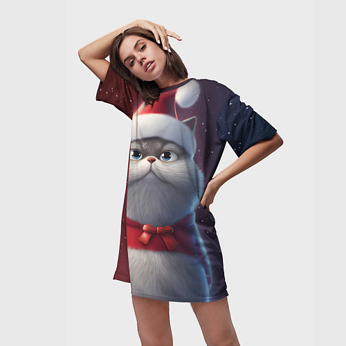 Женская длинная футболка Новогодний кот в шапке / 3D-принт – фото 3