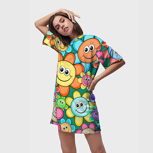 Женская длинная футболка Ромашки - смайлы / 3D-принт – фото 3