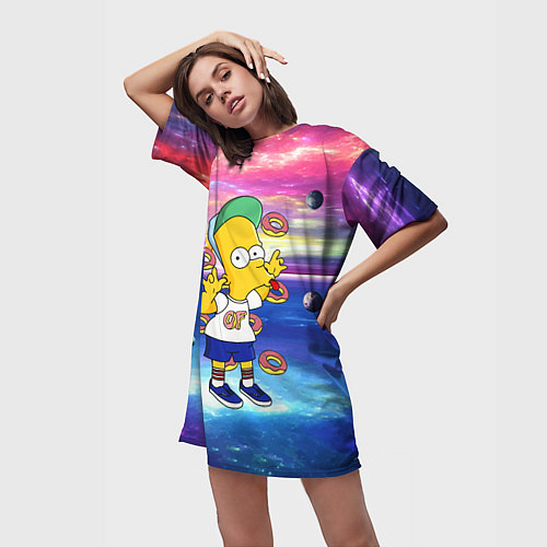 Женская длинная футболка Барт Симпсон с пончиками в космическом пространств / 3D-принт – фото 3