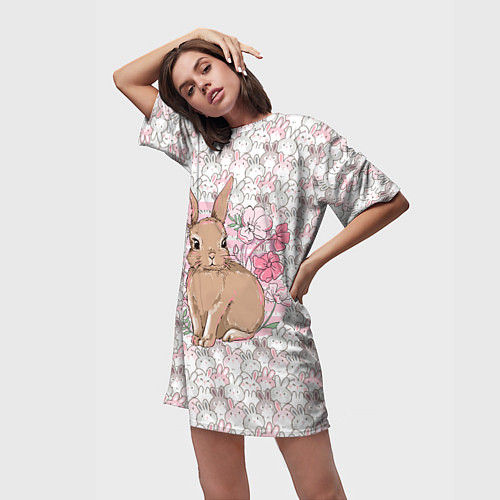 Женская длинная футболка Зайка в цветочках / 3D-принт – фото 3