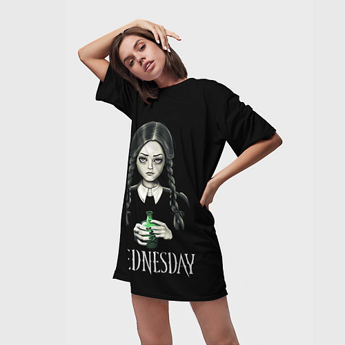 Женская длинная футболка Уэнсдэй на чёрном фоне / 3D-принт – фото 3