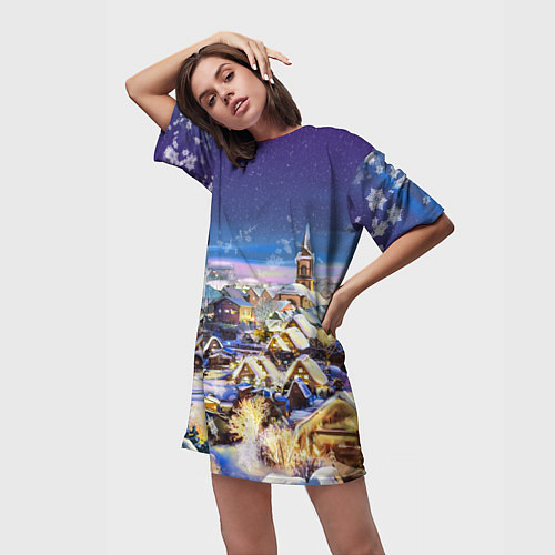 Женская длинная футболка Рождественская деревня / 3D-принт – фото 3