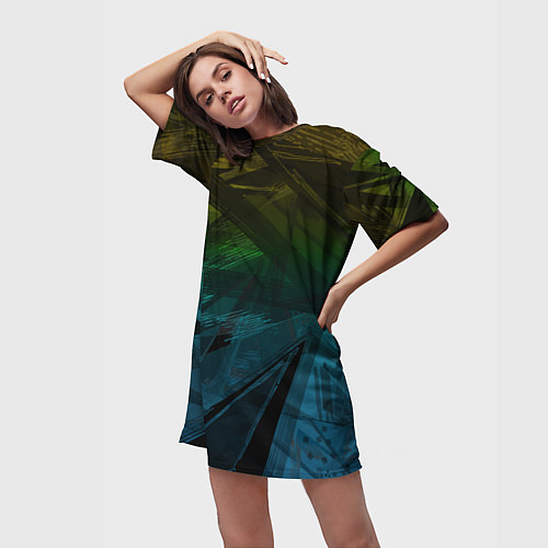 Женская длинная футболка Черный абстрактный узор на сине-зеленом фоне / 3D-принт – фото 3