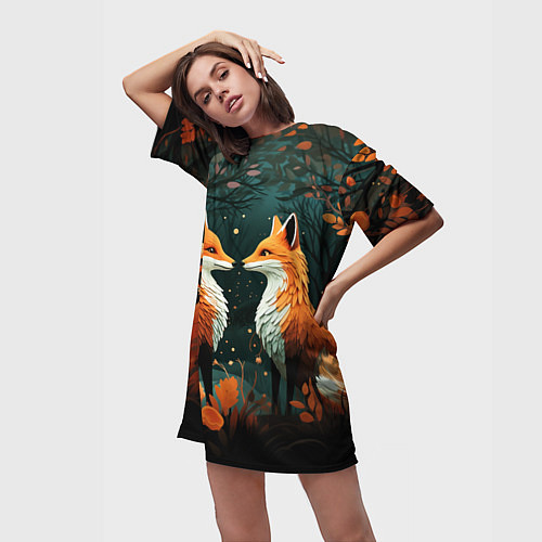 Женская длинная футболка Две лисоньки в стиле Folk Art / 3D-принт – фото 3