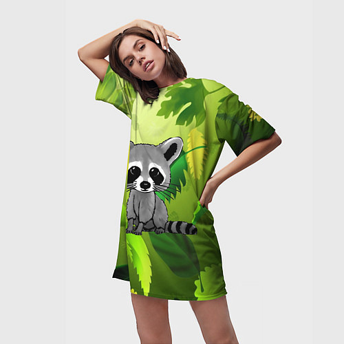 Женская длинная футболка Енот на фоне зеленой листвы / 3D-принт – фото 3
