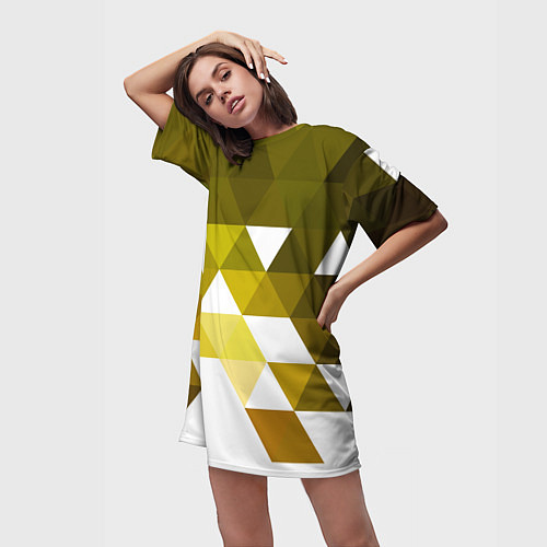 Женская длинная футболка Золотистая мозаика из ромбов / 3D-принт – фото 3