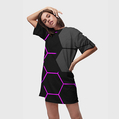 Женская длинная футболка Крупные неоновые соты / 3D-принт – фото 3