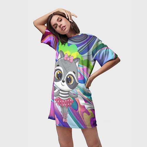 Женская длинная футболка Девочка енот балерина / 3D-принт – фото 3