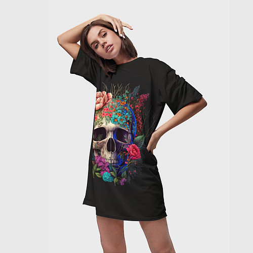 Женская длинная футболка Череп украшенный цветами / 3D-принт – фото 3