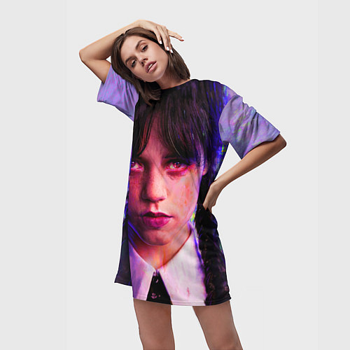 Женская длинная футболка Уэнсдэй неон / 3D-принт – фото 3