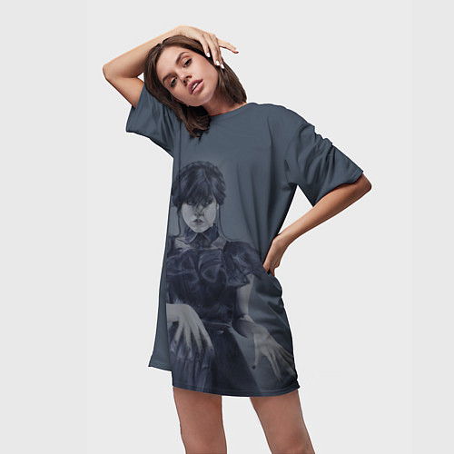 Женская длинная футболка Уэнсдэй рисунок карандашами / 3D-принт – фото 3