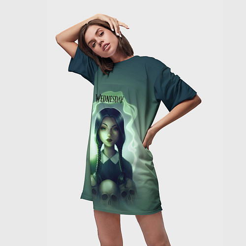 Женская длинная футболка Уэнсдэй poster art / 3D-принт – фото 3