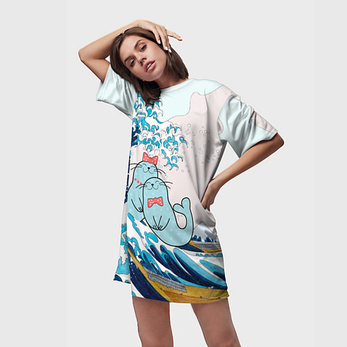 Женская длинная футболка Влюбленные тюлени у большой волны Канагава / 3D-принт – фото 3