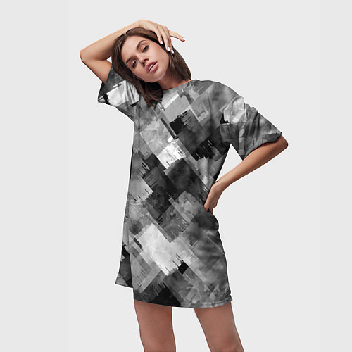 Женская длинная футболка Полоски белые и чёрные / 3D-принт – фото 3