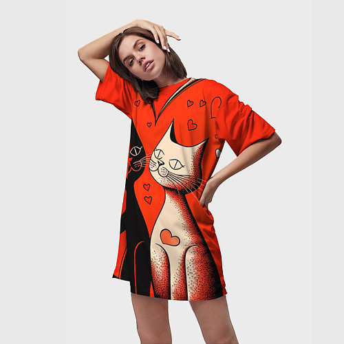 Женская длинная футболка Влюблённые кошки на красном фоне / 3D-принт – фото 3