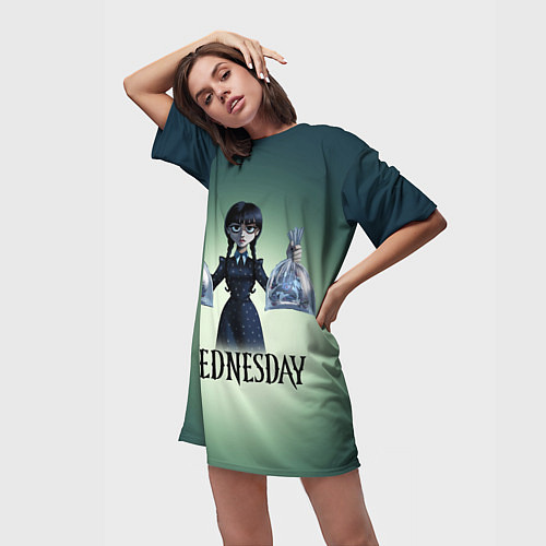 Женская длинная футболка Уэнсдэй с пираньями / 3D-принт – фото 3