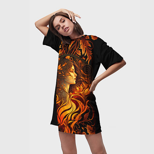 Женская длинная футболка Девушка в стиле ар-нуво с огнем и осенними листьям / 3D-принт – фото 3