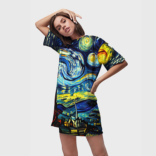 Женская длинная футболка Винсент ван Гог, звездная ночь / 3D-принт – фото 3