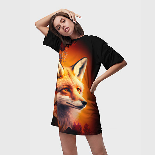 Женская длинная футболка Огненно рыжая лиса в цветах / 3D-принт – фото 3