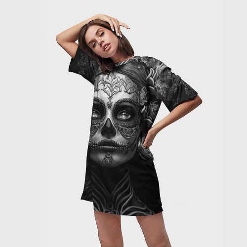 Женская длинная футболка Девушка с макияжем для дня мертвых / 3D-принт – фото 3
