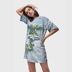 Футболка женская длинная Синицы на ветке, цвет: 3D-принт — фото 2