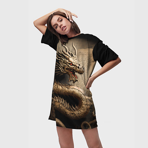 Женская длинная футболка Китайский дракон с открытой пастью / 3D-принт – фото 3
